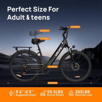URLIFE 26" Electric Bike for Adults,750W Peak Motor,48V 10.4Ah Removable Battery, 60 Miles Range, 7-Speed City Commuter Step-Through Ebike,UL2849