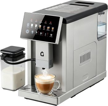 Automatic Espresso Maker with Built-in Grinder & Milk Frother, One-Touch Coffee Machine, 6 Custom Recipes, 1.5l Water Tank, Auto Self-Cleaning, 120v for Home & Office Use-Silver