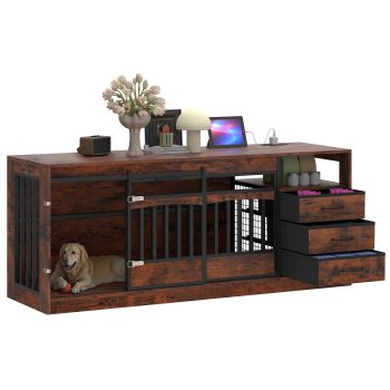Homiflex 68" Large Dog Crate Furniture with 3 Storage Drawers & 1 Shelf Farmhouse Dog Kennel TV Stand Side Table Indoor for Large Dogs Decorative Dog Cage with Sliding Barn Door & Power Outlet