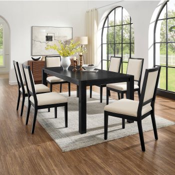 7PCS Farmhouse Dining Table Set for 6, Extendable Rectangular Table with 6 Uphlostered Chairs, Wood Tapered Legs Soft Fabric Seats for Kitchen