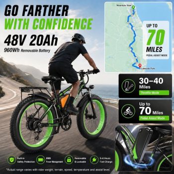 EOEOTWO Electric Bike for Adults, 26" Fat Tire Class 3 Pedal-Assist All-Terrain Mountain E-Bike, 48V 20Ah Battery, Front Suspension & Dual Disc Brakes, 330 lbs Load, UL 2849 Certified