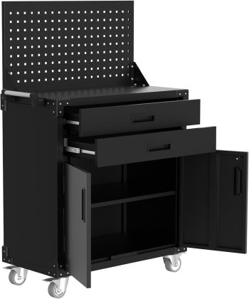 Juiluna Rolling Tool Cabinet, Heavy Duty Steel Garage Storage Cabinet with 2 Drawers, Pegboard & 4 Wheels, Lockable Tool Cart Workbench for Workshop, Warehouse