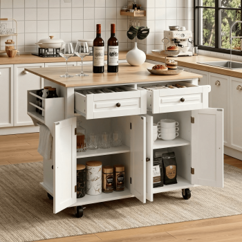RichYa Kitchen Island with Storage and Drop Leaf, Kitchen Islands Cart on Wheels, Microwave Table with Rubber Wood Top, Drawers and Spice & Towel Rack