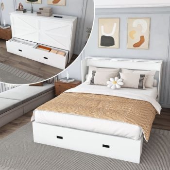 NYBOPAVIS Full Size Murphy Wall Bed with Drawer, USB Ports and Mattress, Folding Storage Wall Bed Furniture with Swivel Casters for Bedroom, Office, Guest Room