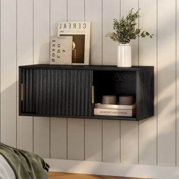 Joyyskill Fluted Floating TV Stand, 30" Multi-Purpose Modern TV Display Shelf Console Entertainment Center Cabinet with Sliding Doors