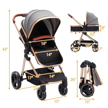2024 New Convertible Baby Stroller, 3 in 1 Reversible Bassinet Stroller for Newborn, Toddler, High Landscape Foldable Pram with Adjustable Backrest and Canopy, Windproof Foot Cover, 5-Point Harness