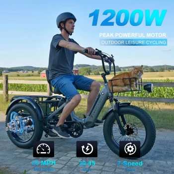 SMARTRAVEL 1200W Electric Fat Tire Tricycle for Adults, 48V 30.5Ah Battery, 20" All-Terrain Cargo E-Trike, 25 MPH, 7-Speed, Dual Brakes