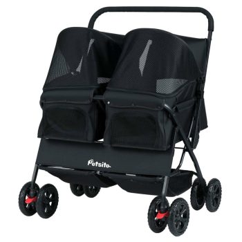 Resenkos Foldable Double Pet Stroller with Sunshade and Storage Basket