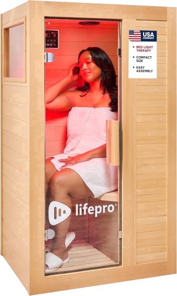 LifePro RejuvaCure 1 Person Infrared Sauna with Red Light Therapy – Home Sauna, Canadian Hemlock, 7 Carbon Fiber Heaters, Bluetooth & Chromotherapy - Brown
