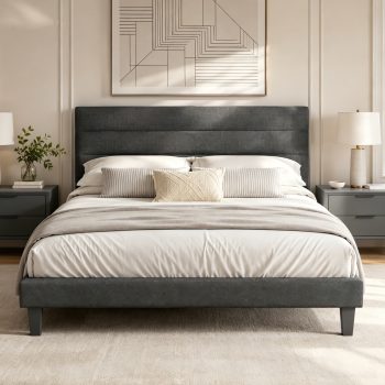 Zimtown Platform Upholstered Bed Frame with Soft Adjustable Headboard, Wooden Mattress Foundation,No Box Spring Needed
