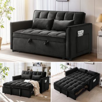 Anpport 3-in-1 Convertible Sleeper Sofa Bed, Pull-Out Loveseat Couch with Adjustable Back for Small Spaces, Black