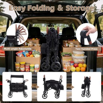 4 Seater Stroller Wagon for 4 Kids, Akaber Foldable Wagon Stroller with Snack Tray, Removable Canopy, Large Storage Bag, Phone Cup Holder, Adjustable Push Handles, Black