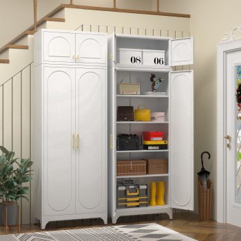 UNICOLY 90"H White Metal Pantry Storage Cabinet with Doors and 4 Adjustable Shelves,Modern Kitchen Cabinets for Living Room Kitchen and Home