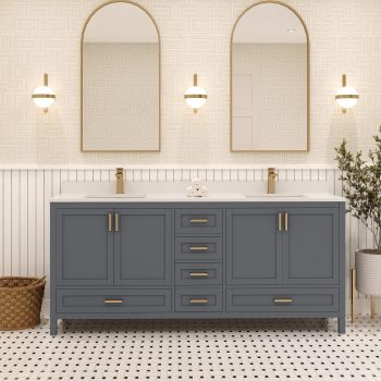 Ayna Decors Rooh 72 in Double Sink Bathroom Vanity Set with Quartz Countertop | 4 Soft Closing Doors | 6 Full Extention Soft Close Drawer | Gold Hardware