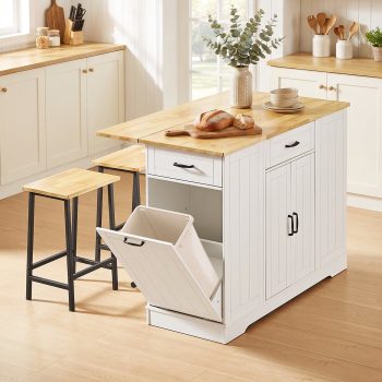 ROGALIS 47"Kitchen Island with 2 Chair, Stationary Island Table with Power Outlet, USB Ports, Spice Rack, Trash Cabinet, and Foldable Drop Leaf for Home Bar or Dining Room