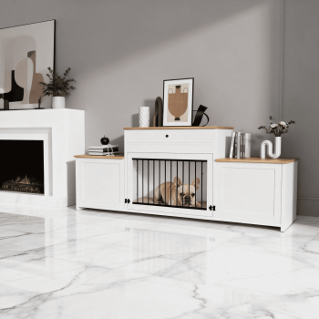 TIME RAY 79 inch Dog Crate Furniture with Storage Drawer,Dog Cage Furniture for Large Dog,Dog Kennel with Upward Flapping Crate Door