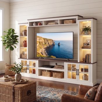 Sonegra Farmhouse TV Stand, Entertainment Center with Storage, 98" Wall Unit Media Console with Bookshelf, Cabinet & Power Outlets, Fits TVs Up to 75” for Living Room