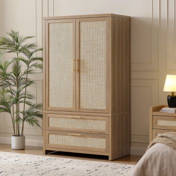 SICOTAS 40"W Oversized Boho Armoire Wardrobe Closet with 2 Large Drawers, 71" Tall Rattan Clothing Storage Cabinet with Shelves & Hanging Rod, Farmhouse Freestanding Wardrobe Cabinet for Bedroom