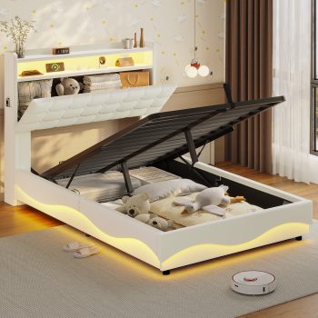 Afuhokles Lift Up Storage Bed Frame with Charging Station and Hidden Storage Headboard, LED Lights Upholstered Platform Bed with Hydraulic Storage