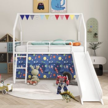 Bellemave Twin Loft Bed with Slide, Metal Junior House Bed with Curtain Set, Low Loft Beds Frame with Pennant Banner Flag and Star Stickers ()