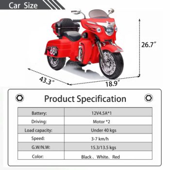 Okybaby 12V 3-wheels Kids Ride on Motorcycle, 2 Seater Electric Motorcycle with Dual Motors, Bluetooth, LED Lights, MP3, USB, Large Storage for Kids Aged 2-6