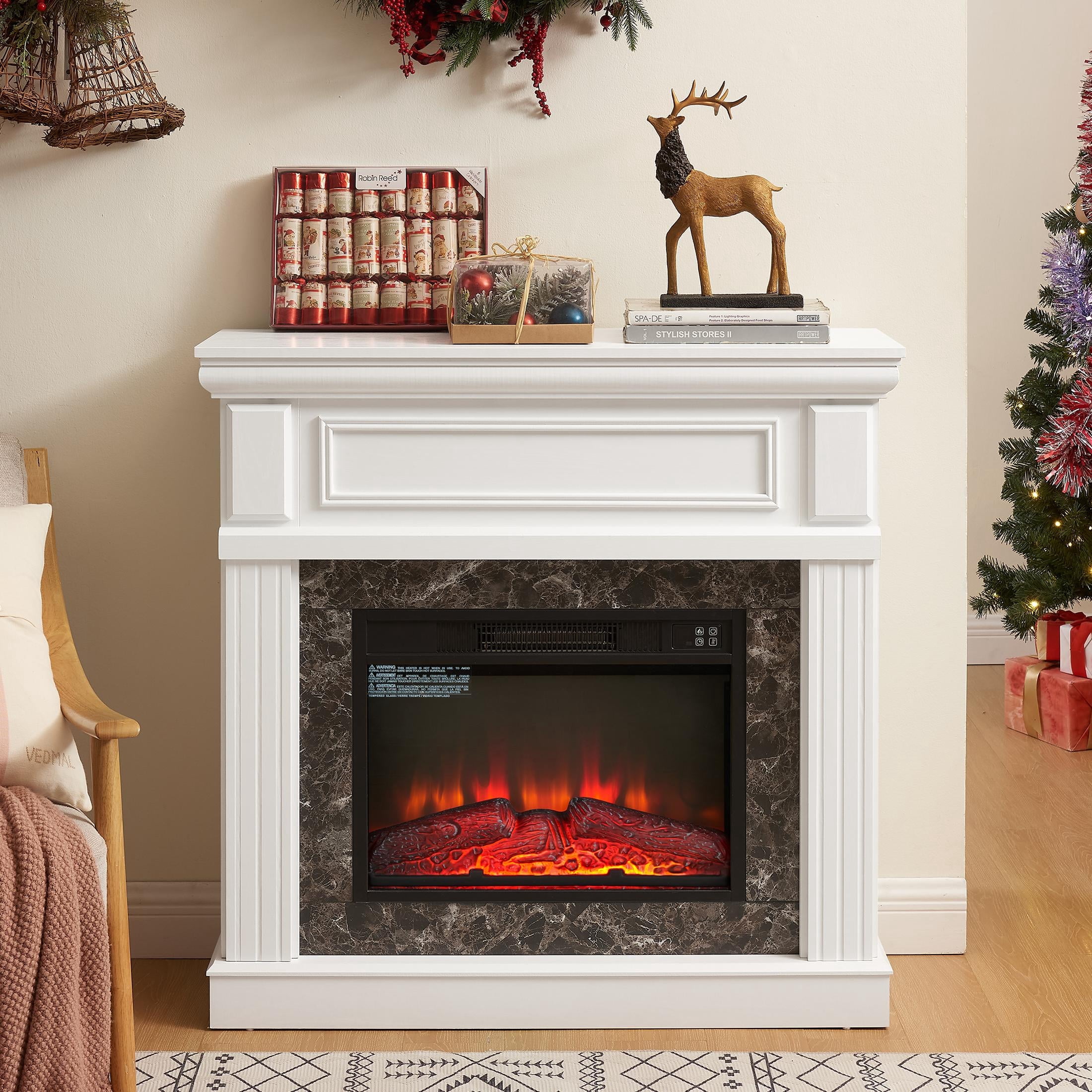 PAPROOS 41” Electric Fireplace with Mantel, Freestanding Electric Fireplace Heater with Remote Control, Adjustable Flame, Timer, Wooden Surround with Fireplace Insert for Living Room, 1400W, White