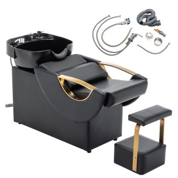 LZBEITEM Shampoo Bowl and Chair Set for Salon, Reclining Backwash Barber Chair Unit with Deep Sink and Independent Footrest for Beauty Spa Barbershop, Black