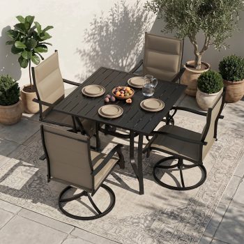 LOGYAT 5-Piece Weatherproof Patio Dining Set, 4 Padded Textilene Swivel Rocking Chairs, Black Slat Metal Table with Umbrella Hole, Rustproof Heavy-Duty Furniture for Porch, Deck, Backyard