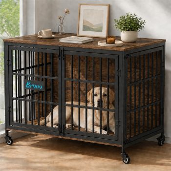 Amlancher 46-Inch Heavy-Duty Dog Crate Furniture with Casters, 3 Doors and Name Tag