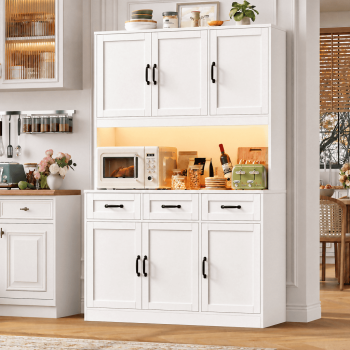 Hiphuta 72" Tall Kitchen Pantry Storage Cabinet with RGB LED, Hutch Cabinet with Charging Station and Adjustable Shelves for Dining Room