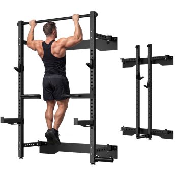 Folding Wall Mounted Squat Rack,1000 lbs Capacity Power Rack for Home Gym,Space-Saving Foldable Squat Rack with Pull-Up Bar & Landmine,Heavy-Duty 2.36" x 2.36" Steel Frame Power Cage