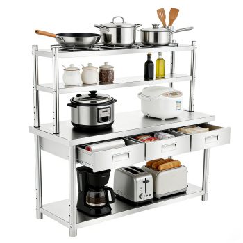 72" X 24" Stainless Steel Work Table with 72" X 12" Shelf & 3 Drawers, NSF-Certified Commercial Metal Table, Rust-Resistant Open Base Stainless Steel Table for Hospital Kitchen