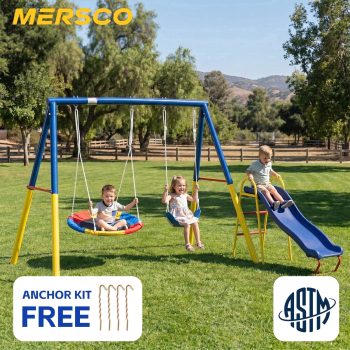 Mersco 3-in-1 Swing Set for Backyard with Slide, Heavy Duty 440lbs Metal Outdoor Swing Stand, Contain 1 Saucer 32" and 1 Belt Seat 26.2",Slide for Playground, Backyard Playset