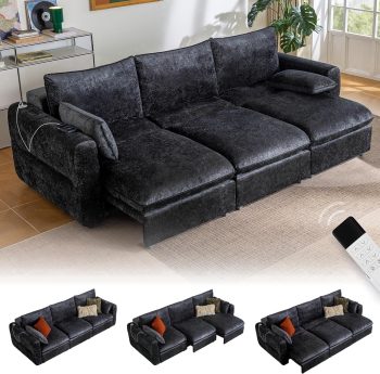 CHIC HOUSE 104" Electric Extendable Sofa Bed with Triple Motor, Convertible Smart Power Reclining Sleeper Sofa Deep Seat 3-Seat Couch with Solid Wood Frame in Velvet