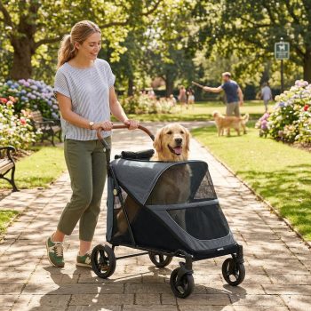 PawHut Dog Stroller for Large Dogs, One-Click Folding 4 Wheel Large Pet Stroller w/ 8-Position Adjustable Handle, All-Terrain Spring Suspension