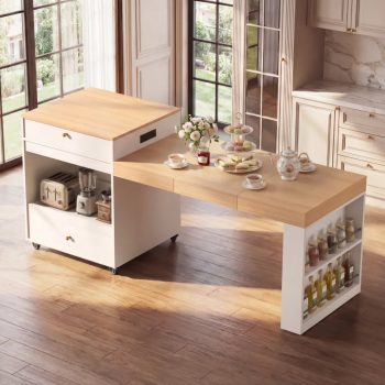 78.8" Rolling Kitchen Island with 3-Stage Extendable Table Seats 6-8, Built-In Power Outlet, Drawers & Cabinets