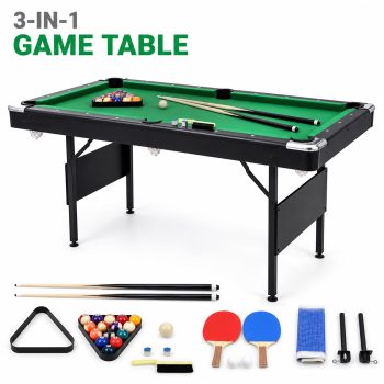 3-in-1 Multi Game Table, 63.8" Pool Table Billiard Table & Table Tennis Game Table, Foldable Indoor Game Table with Green Velvet Playfield for Kids Adults Family Game Room
