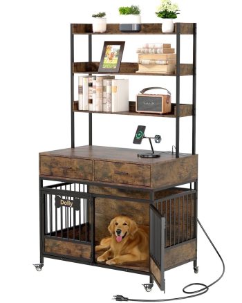 Behost 39" Dog Crate Furniture for Small, Medium & Large Dogs with LED Light, 3-Tier Storage, Lockable Wheels, Rustic Brown