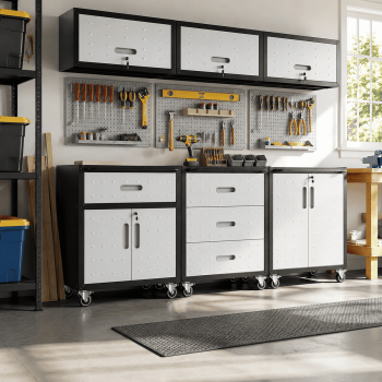 IKIMI 6-Piece Garage Storage System with Workbench, Heavy Duty Metal Garage Cabinets, Lockable Steel Tool Organizer, Modular Workshop Storage Cabinet Set