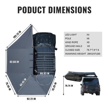 Naturnest 270 Plus Vehicle Awning 130 sq.ft Overland Awning with LED Light Strip & Skylight Waterproof Side Shelter for SUV Van Truck Outdoor Camping