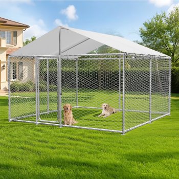 YOKWOK 10x10ft Outdoor Dog Kennel Outside with Metal Dog Gate, Outdoor Dog Pens with Roof, Heavy Duty Dog Kennel for Backyard Farm Use