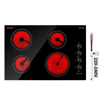 VEVOR Electric Cooktop 30inch 4 Burners Stove Top 6700W 220V No Plug, Ceramic Built-in Radiant Electric Stove , with 11 Power Levels, Timer, Child Lock, Over-Heat Guard, Knob/Touch Control