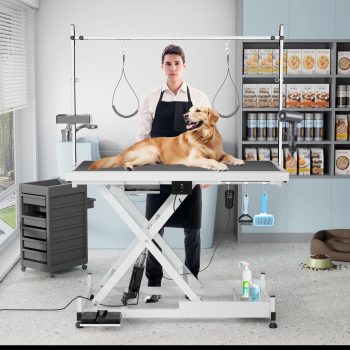 YIYADO Upgraded Electric Pet Grooming Table, 110V/220V Professional Heavy Duty Grooming Table, Height Adjustable 1036 Inch, with Double Arms & Double Loops, White