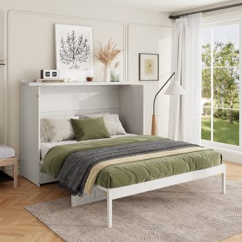 Mintazer Queen Size Murphy Bed with Charge Station & 3 Storage Drawers, Farmhouse Geometric Pattern Foldable Cabinet Wall Bed for Guest Room Small Apartment