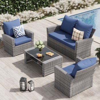 UDPATIO Wicker Patio Furniture Set, 4 Piece Outdoor Sectional Conversation Sets, PE Rattan Patio Sofa Set for Balcony, Backyard