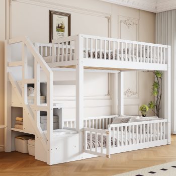Euroco Wood Twin over Twin Bunk Bed with Storage Staircase, Floor Bed with Fence