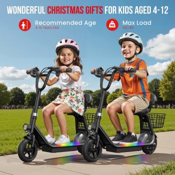 EILLEO Kids Electric Scooter, Bluetooth Speaker Foldable Scooter with Seat, 11MPH 132lbs Max Load E Mopeds, Carry Basket,LED Light Strip