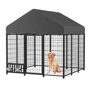 YODOLLA 6x6FT Outdoor Dog Kennel with Waterproof Cover, Heavy-Duty Steel Pet Enclosure with Secure Lock & Feeding Bowl, Spacious Dog Run for Backyard