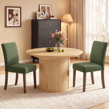 AFO 47″- 63″ Extendable Circle to Oval Dining Table Sets, Space-Saving Wooden Table with Hidden Storage & Upholstered Dining Chairs, Solid Wood Dining Room & Kitchen Furniture