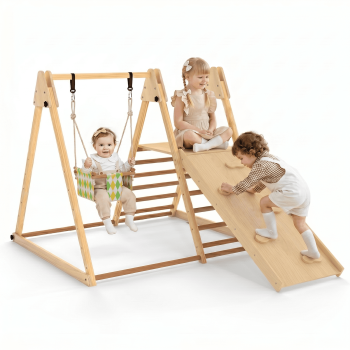 OLAKIDS Indoor Jungle Gym, 3 in 1 Wooden Foldable Montessori Toddler Climbing Toys with Adjustable Baby Swing Ramp Ladder